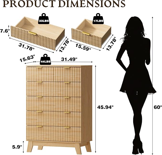 BORNOON 46" Tall Dresser for Bedroom, 6-Drawer Fluted Chest of Drawers - Image 2