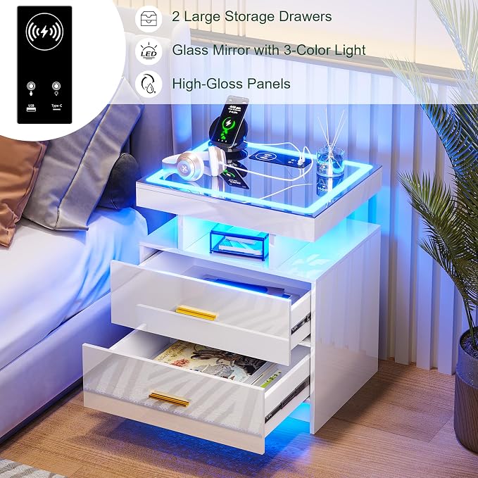 HNEBC LED Nightstand with Charging Station High Gloss Bedside Table with 2 - Image 4