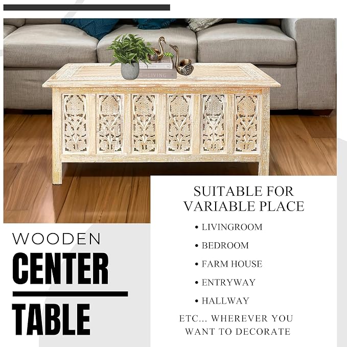 Rectangular Coffee Table – 36x18 Inch White Wash Finish Modern Wooden Center - Image 6