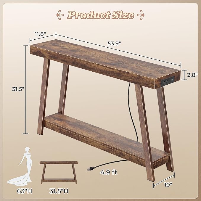 Huuger Console Table with Charging Station, USB-C Port, 2 Tiers Entryway Table - Image 2