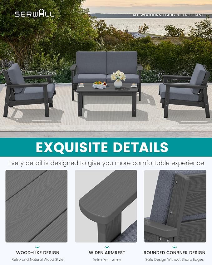 SERWALL HDPE Outdoor Furniture Set, 2 Piece All Weather Wood-Like Outdoor Sofa - Image 4