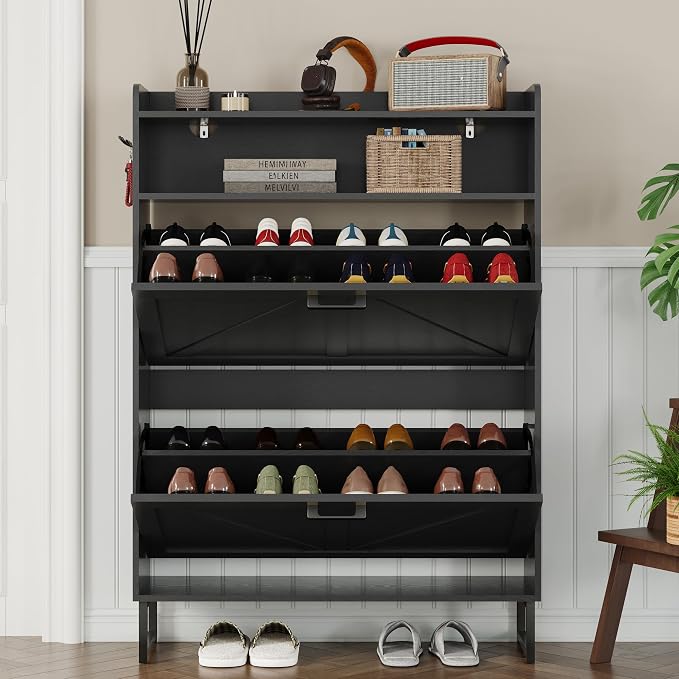 BORNOON Shoe Cabinet with 2 Flip Drawers Narrow Shoe Storage Cabinet Organizer - Image 7