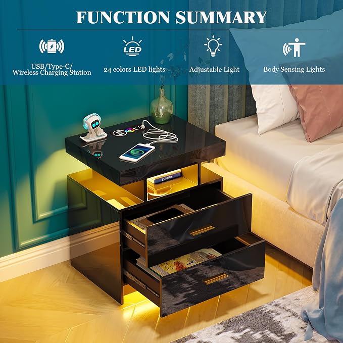 WOOVIVS Night Stand with Light, High Gloss Nightstand with USB/Wireless - Image 6