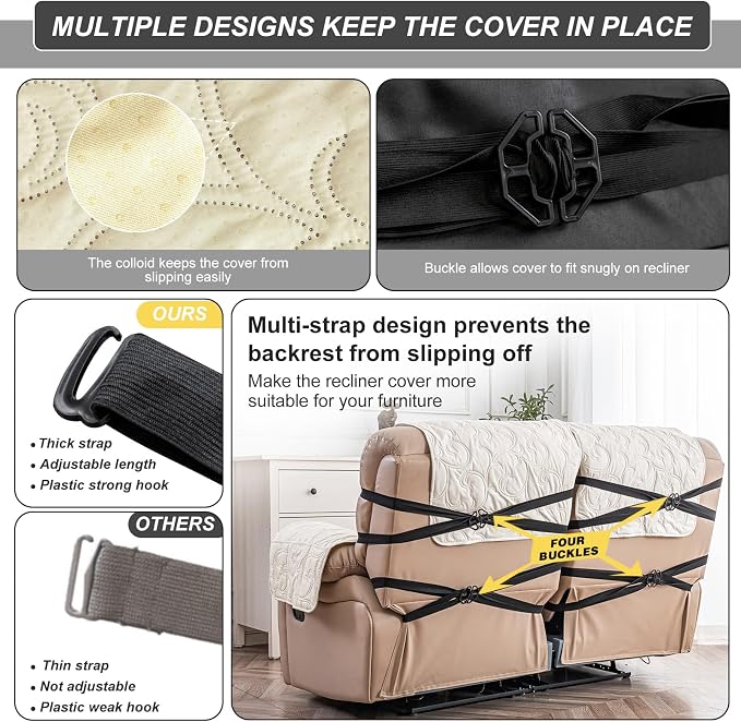 100% Waterproof Loveseat Recliner Cover, 4-Piece Split Reclining Couch Covers - Image 6