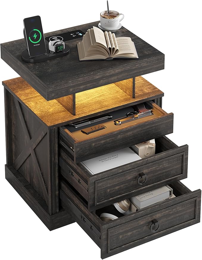 HNEBC Night Stand Set 2 with Gun Drawers, Farmhouse Nightstand with Charging - Image 8