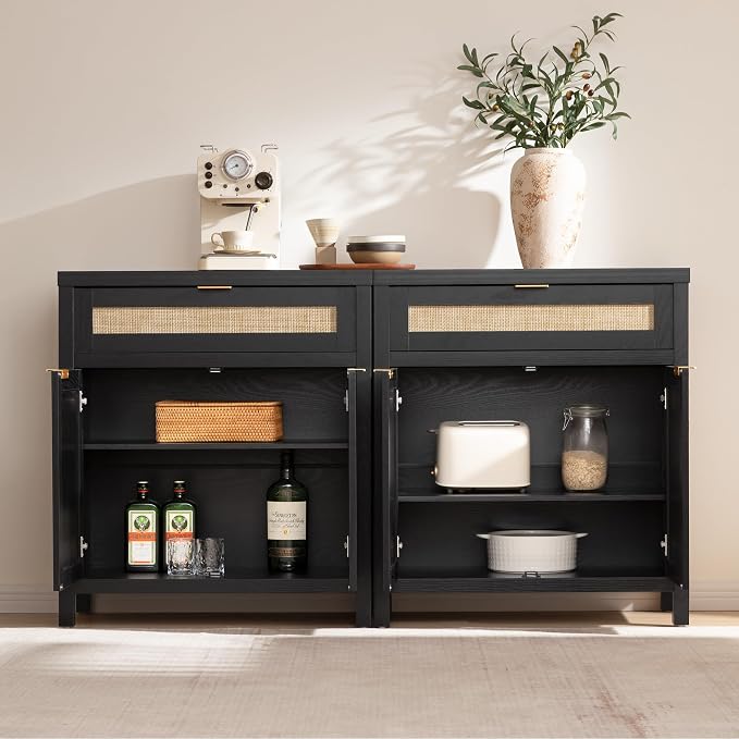 SICOTAS Sideboard Buffet Storage Cabinet Set of 2, Rattan Credenza Buffet Table - Image 4
