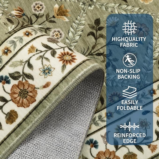 Large Entryway Rug 3x5 Floral Washable Area Rugs Vintage Soft Non-Slip Small - Image 3