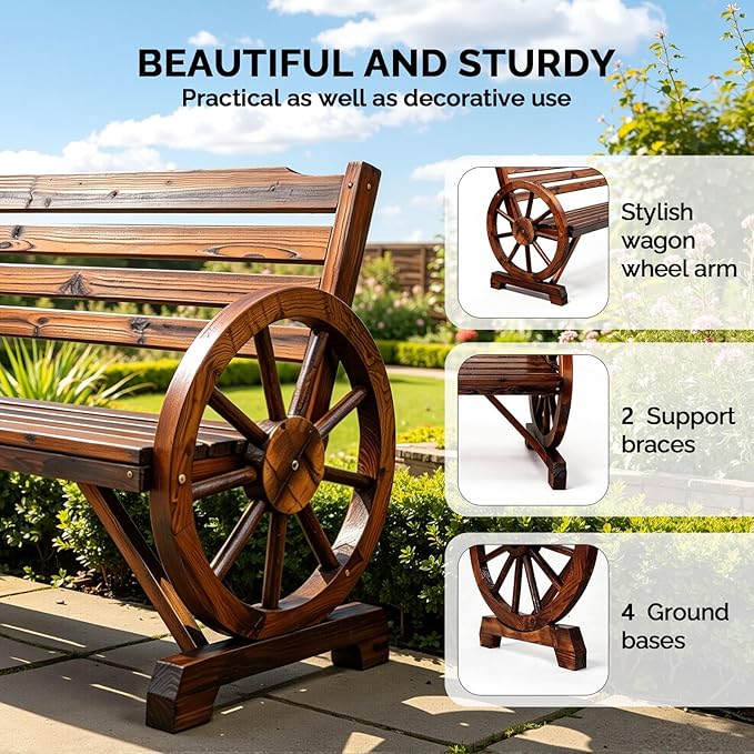 VINGLI Rustic Wooden Wheel Bench Outdoor Bench, Patio Bench Wagon Slatted Seat - Image 4