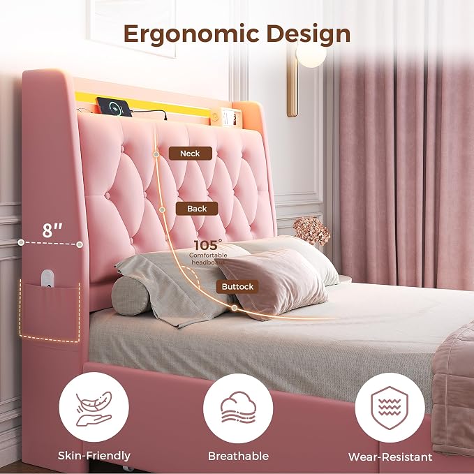 Twin LED Velvet Bed Frame with 2 Storage Drawers&Hidden Headboard, Upholstered - Image 4