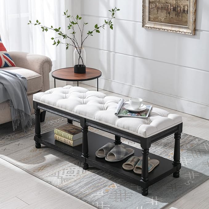 Farmhouse Storage Bench Wooden Entryway Linen Upholstered Ottoman Button Tufted - Image 5