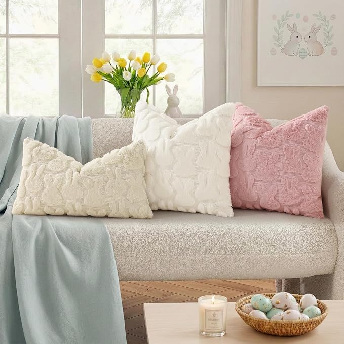 decorUhome Easter Bunny Pillow Covers 18x18 Inch Set of 2, Soft Plush Faux Wool - Image 3