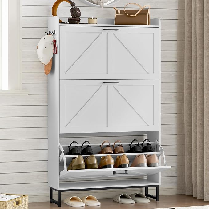 BORNOON Shoe Cabinet with 3 Flip Drawers Narrow Shoe Storage Cabinet Organizer by BORNOON