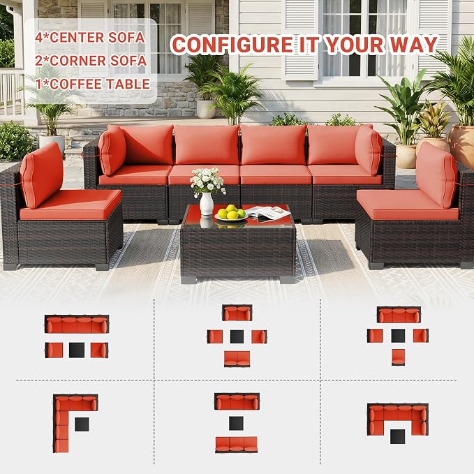 CHABATREE 7pcs Outdoor Patio Furniture Sets, Rattan Conversation Sectional Set - Image 6