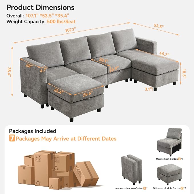 WUTUTUEE 107”Modular Sectional Sofa Convertible U Shaped Sofa Couch Set - Image 2