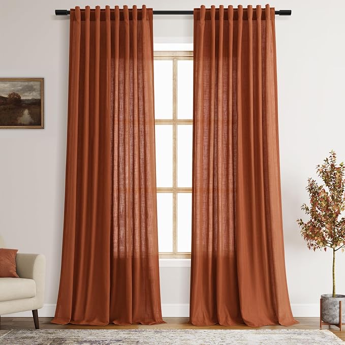 Nanspring Terracotta Long Linen Curtains 102 Inches Long 2 Panel Set Back Tab by Nanspring