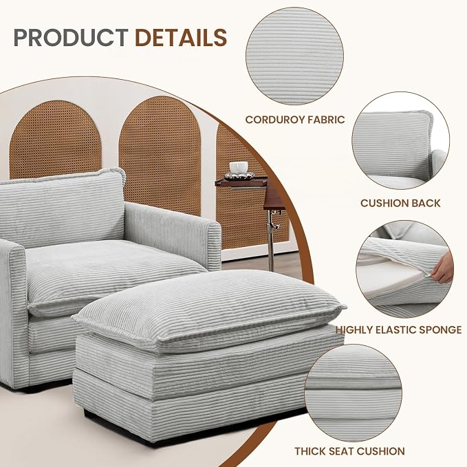 ROWHY Single Armchair with Ottoman, Modern Corduroy Cloud Couch with - Image 3