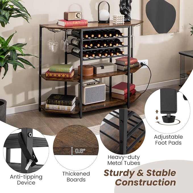 COSTWAY Wine Bar Cabinet, 3-Tier Liquor Cabinet - Image 6