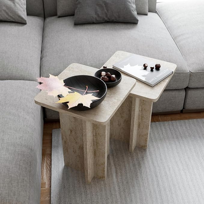 Travertine Efect Square Nesting Table Set of 2 Modern Coffee Table Small Side - Image 5