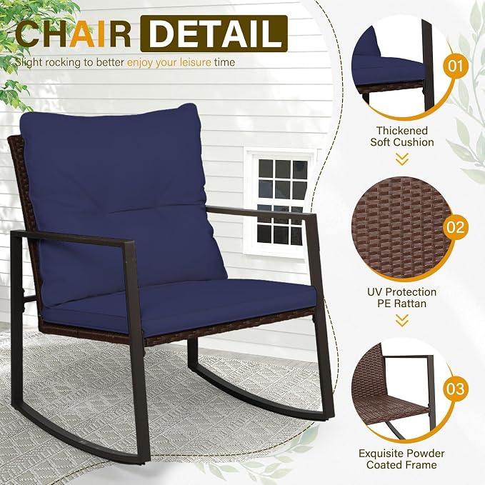 SUNCROWN 3 Piece Outdoor Rocking Bistro Set Brown Wicker Furniture Porch Chairs - Image 6