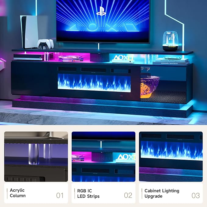 3-Piece Modern Living Room Table Set, Includes High Gloss 70" Fireplace TV - Image 4