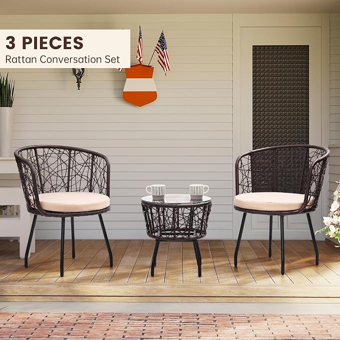 Kromax 3 Piece Bistro Set, Modern Outdoor Wicker Patio Furniture - Image 2