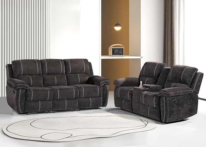 Betsy Furniture Modern Fabric Recliner Sofa Set, Loveseat w/Console, Recliner by BetsyFurniture