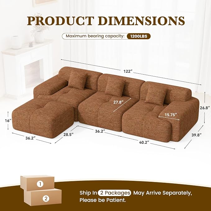122" L Shaped Convertible Modular Couch, Cloud Couch Sectional - Image 2