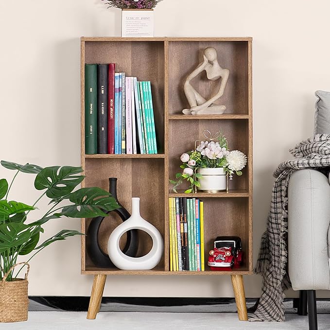 5 Cube Small Bookshelf, 3 Tier Mid-Century Modern Bookcase - Image 4