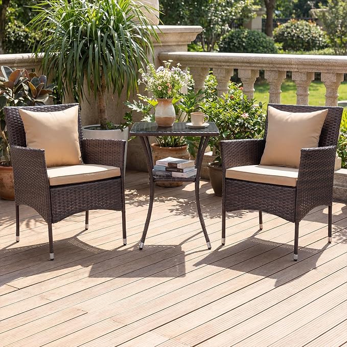 Tangkula 3 Pieces Patio Wicker Bistro Set, 2 Rattan Chairs w/ 2-Tier Tempered - Image 2