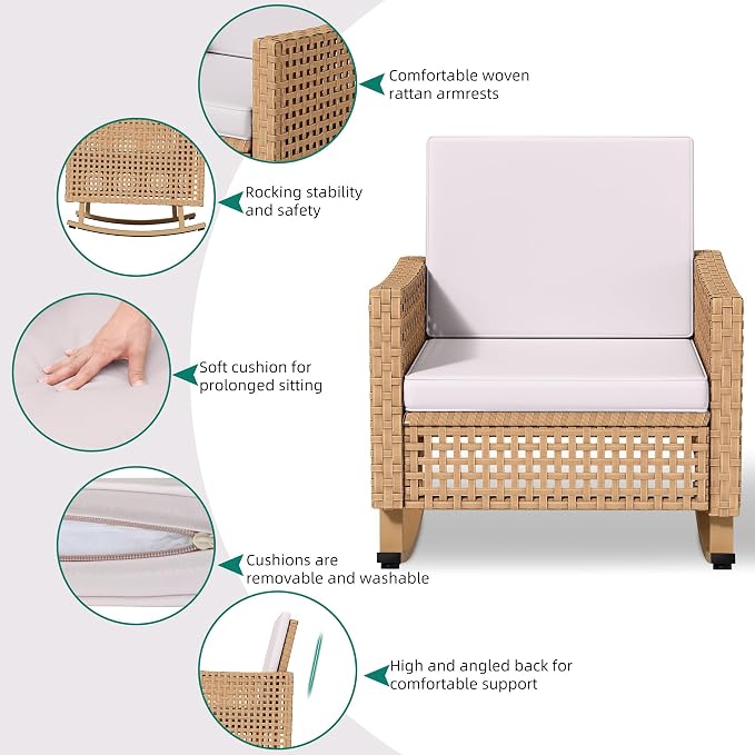 YITAHOME 3 Pieces Patio Wicker Rocking Chair Set, Outdoor Patio Furniture Set - Image 5