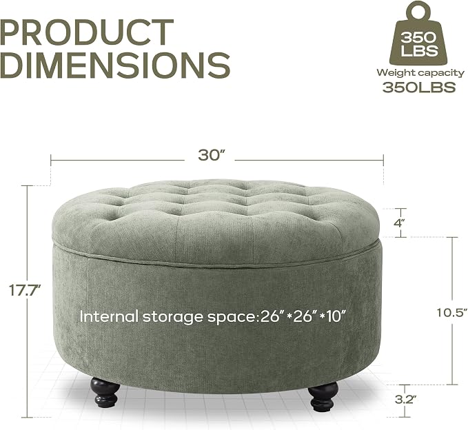 HUIMO 30-Inch Round Storage Ottoman, Modern Button Tufted Coffee Table - Image 2