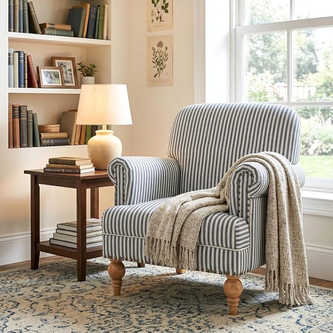 Blue Striped Linen Fabric Accent Chairs Set of 2, Coastal Upholstered Armchairs - Image 8