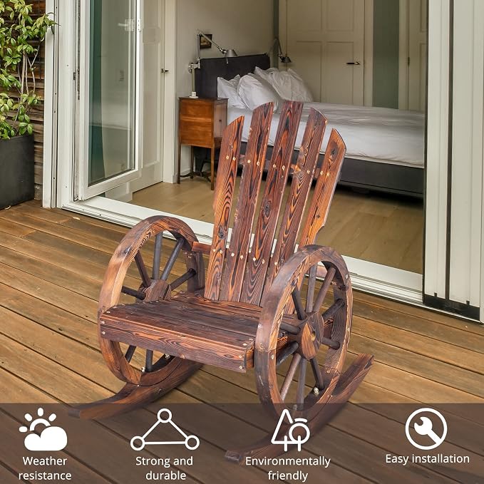 Outvita Adirondack Rocking Chair, Wood Wagon Rocker, Outdoor Wooden Carbonized - Image 5