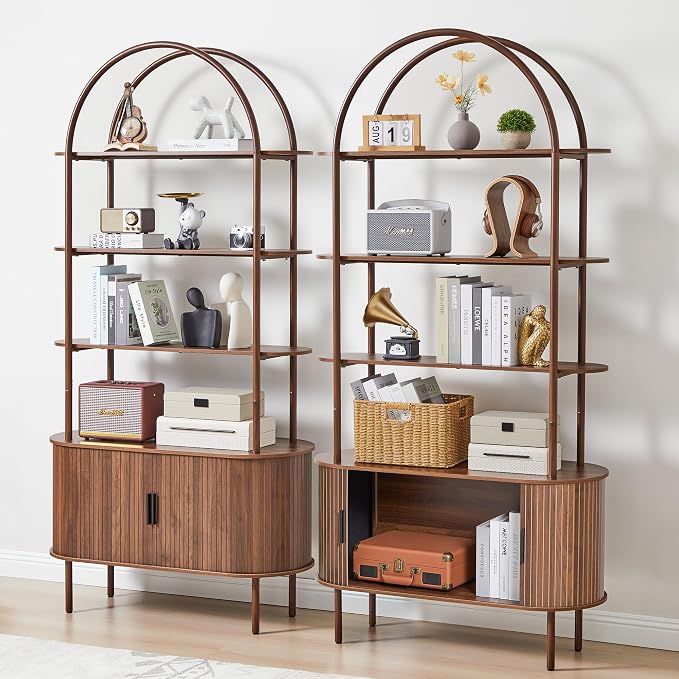 79" Tall Arched Bookshelf with Sliding Tambour Doors, Mid Century Modern Curved - Image 5