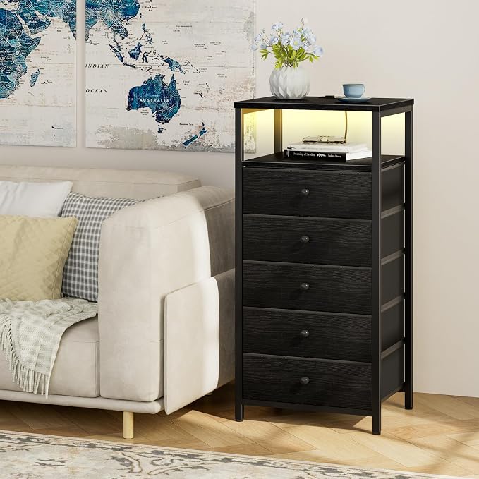 BOLUO Black Dresser with 5 Drawers Tall Nightstand with Charging Station and - Image 5