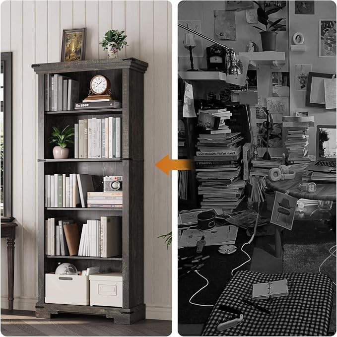 5-Tier Farmhouse Bookshelf, 61.1 inch Tall Bookcase - Image 3