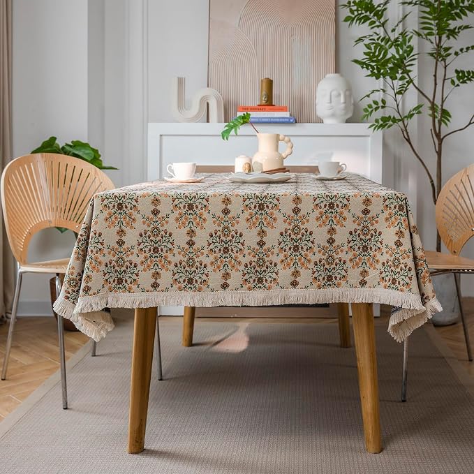 VClife Beige Floral Print Table Cloth, Linen Texture Tablecloth by VCLIFE