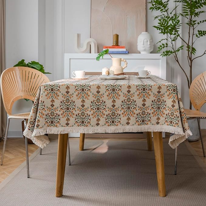 VClife Beige Floral Print Table Cloth, Linen Texture Tablecloth by VCLIFE