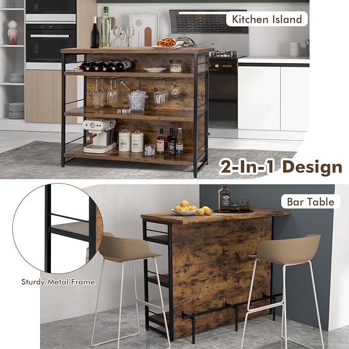 PETSITE Industrial Home Bar Unit, Stationary Kitchen Island w/ 4-Tier Storage - Image 7