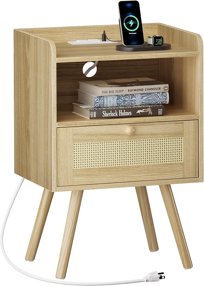 SUPERJARE Nightstand with Charging Station & Rattan-Like Decor Drawer, Rattan by SUPERJARE