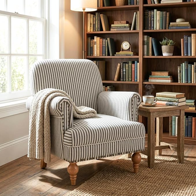 Black Striped Linen Fabric Accent Chair, Modern Farmhouse Upholstered Armchair - Image 6