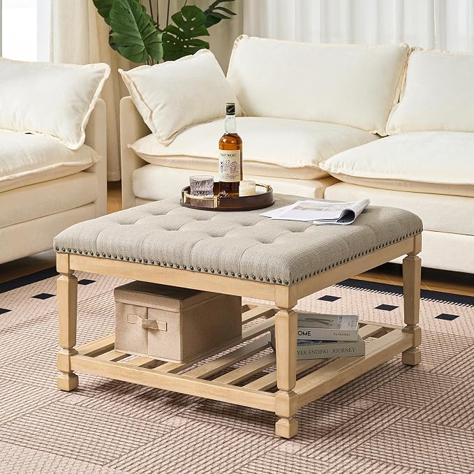 Befurtori Large Square Ottoman Coffee Table, Linen Solid Upholstered Footrest by Befurtori