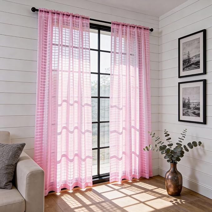 SpaceDresser Check Sheer Curtains 96 Inches 2 Panels Set, Rod Pocket Plaid - Image 4