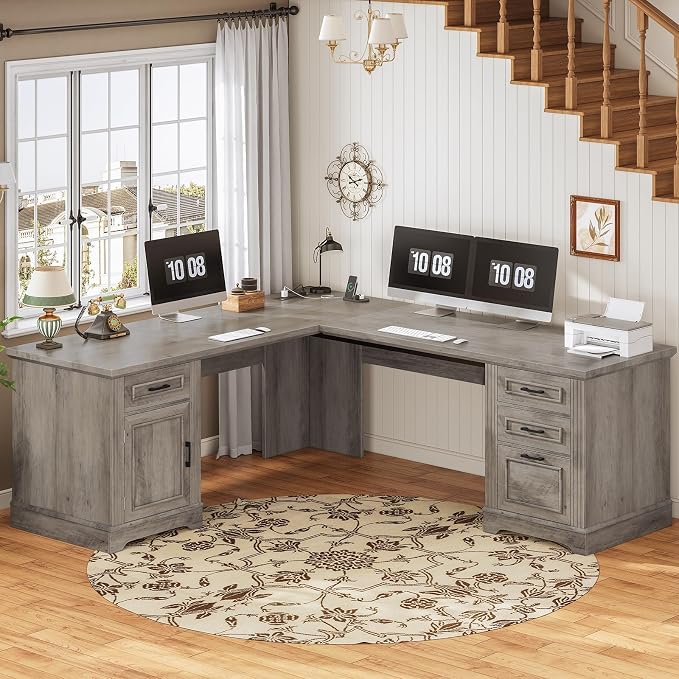 SEDETA 69" L Shaped Desk with Drawers and Storage, Farmhouse Computer Desk with by SEDETA