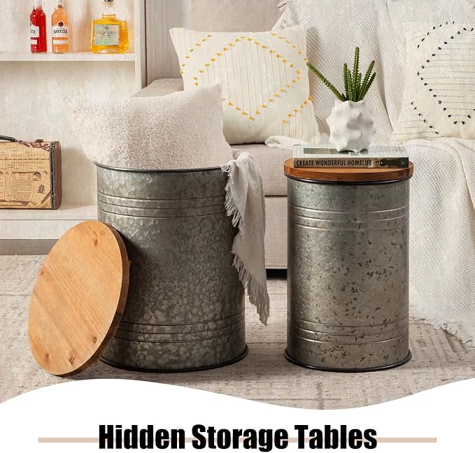 Poofzy Farmhouse End Tables Set of 2, Galvanized Metal Decor Side Table - Image 5
