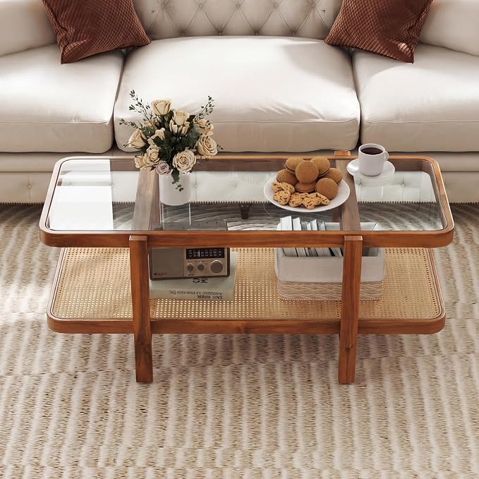 Giantex Rattan Coffee Table, 47.5" Rectangle Solid Wood Tea Table w/Tempered - Image 7