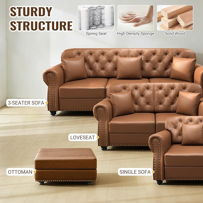KEIKI 63" Faux Leather Chesterfield Sofa - Image 7