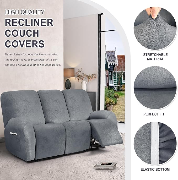 ANARACHON Leather Look Recliner Couch Cover, 8-Pieces Stretch Recliner Sofa - Image 4