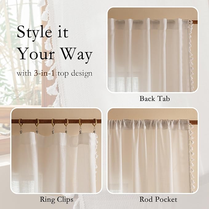 MYSKY HOME 72 Inches Long Semi Boho Sheer White Door Curtains - Image 3