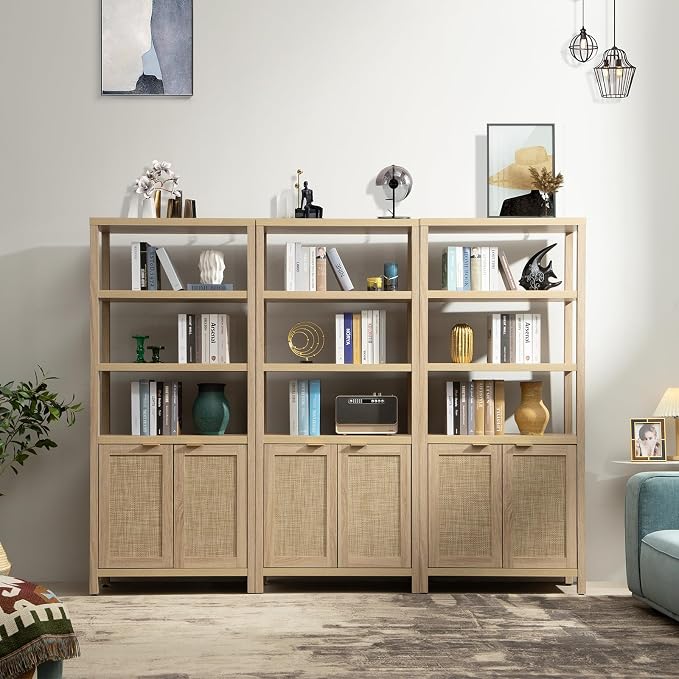 SICOTAS Bookshelf 5 Tier Book Shelf Rattan Boho 71" Tall Bookcase - Image 9